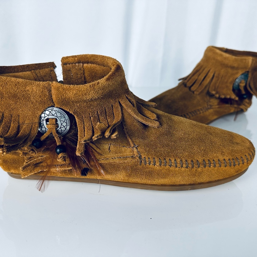 Minnetonka Moccasin Ankle Boots w/ Fringe and Conch